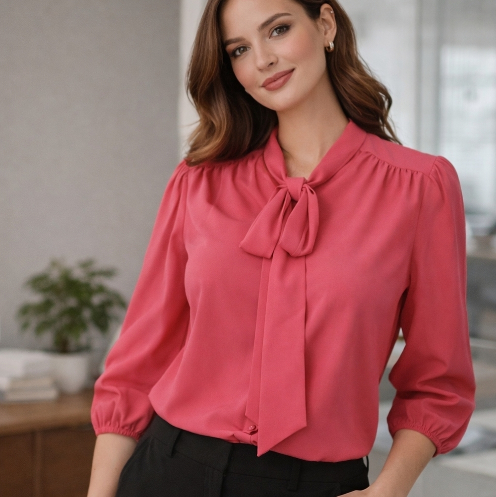Antilia Femme Women's Pink Bow Neck 3/4 Sleeve Blouse Top